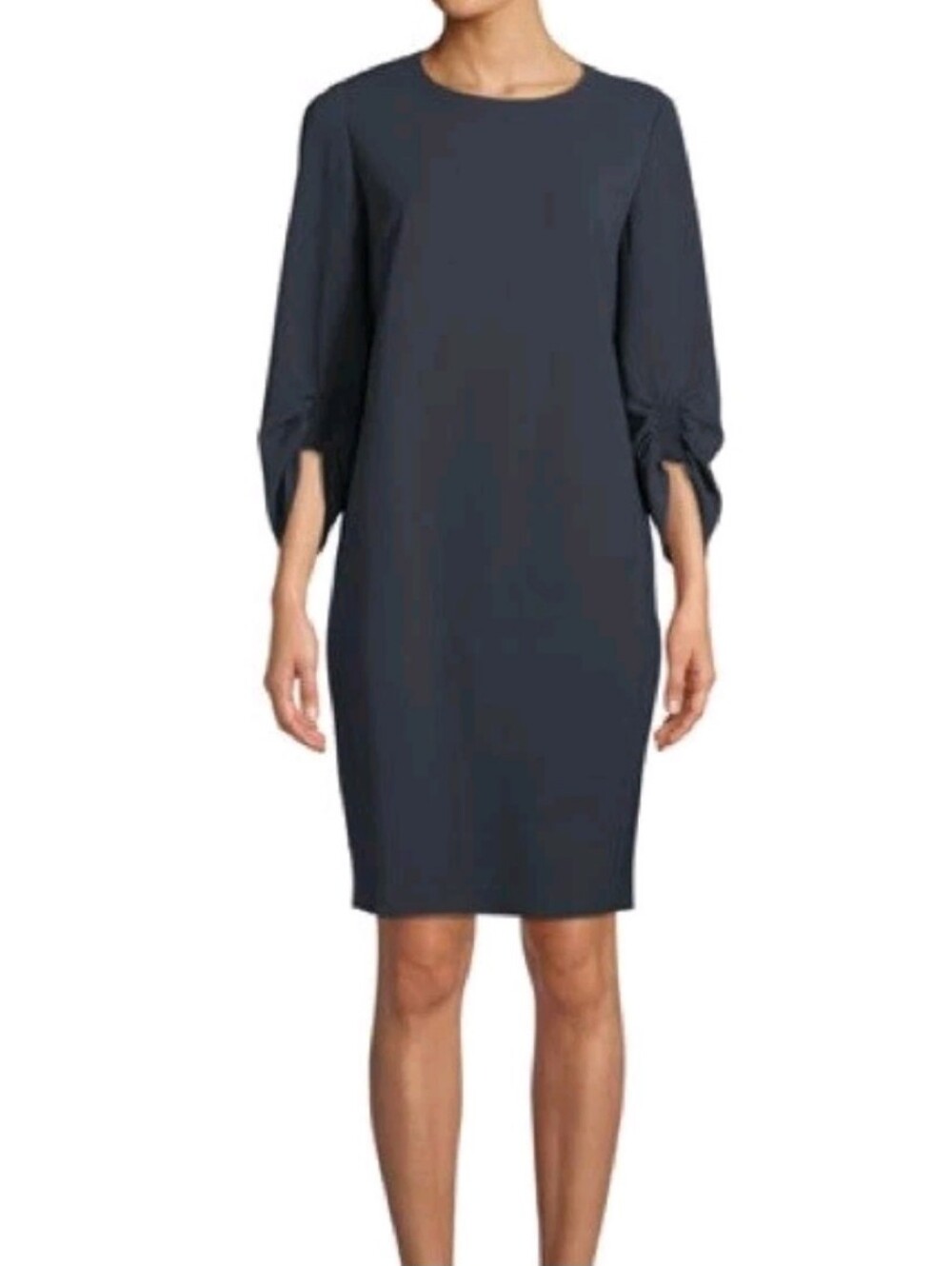 Lafayette 148 New York Tory Shift Dress in Ink Blue Navy Smocked Sleeves 18